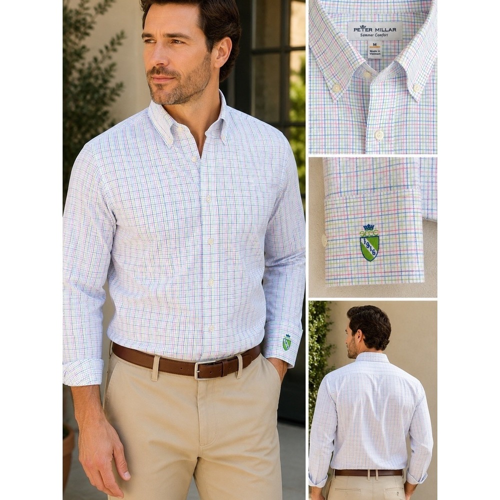 Peter Millar Summer Comfort Men's Medium Button Down Shirt Multicolor Tattersall